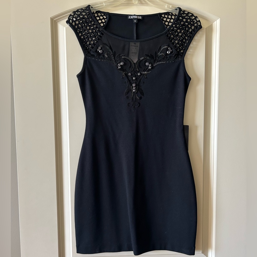 Express Embroidered Embellished Cap Fishnet
Sleeve Dress